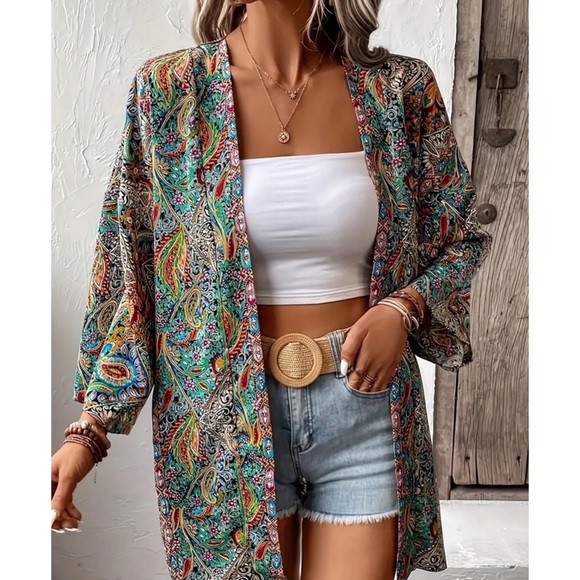 NWOT Boho Mixed Prints Open Front Kimono L - Picture 5 of 13